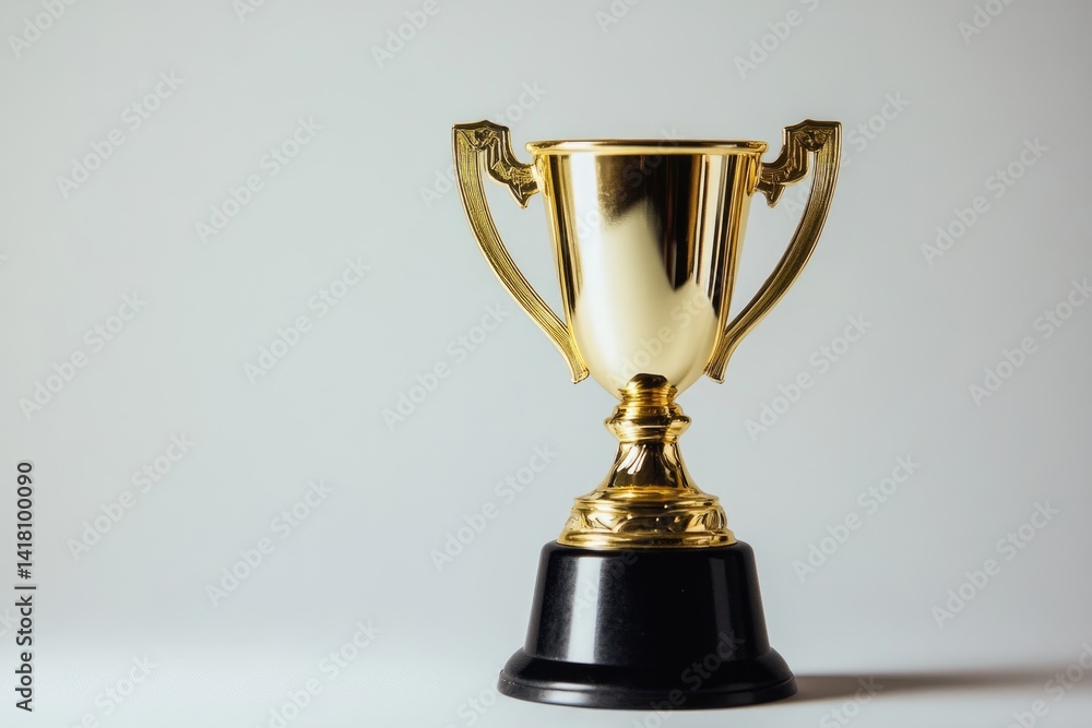 A golden trophy with two handles sits on a black base against a white background. A golden trophy with two handles sits on a black base against a white background.