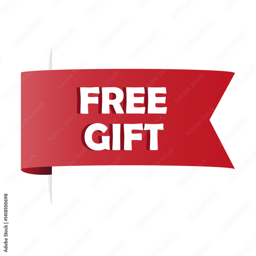 Free gift ribbon. Bonus item banner. Red vector label. Promotional offer tag.
