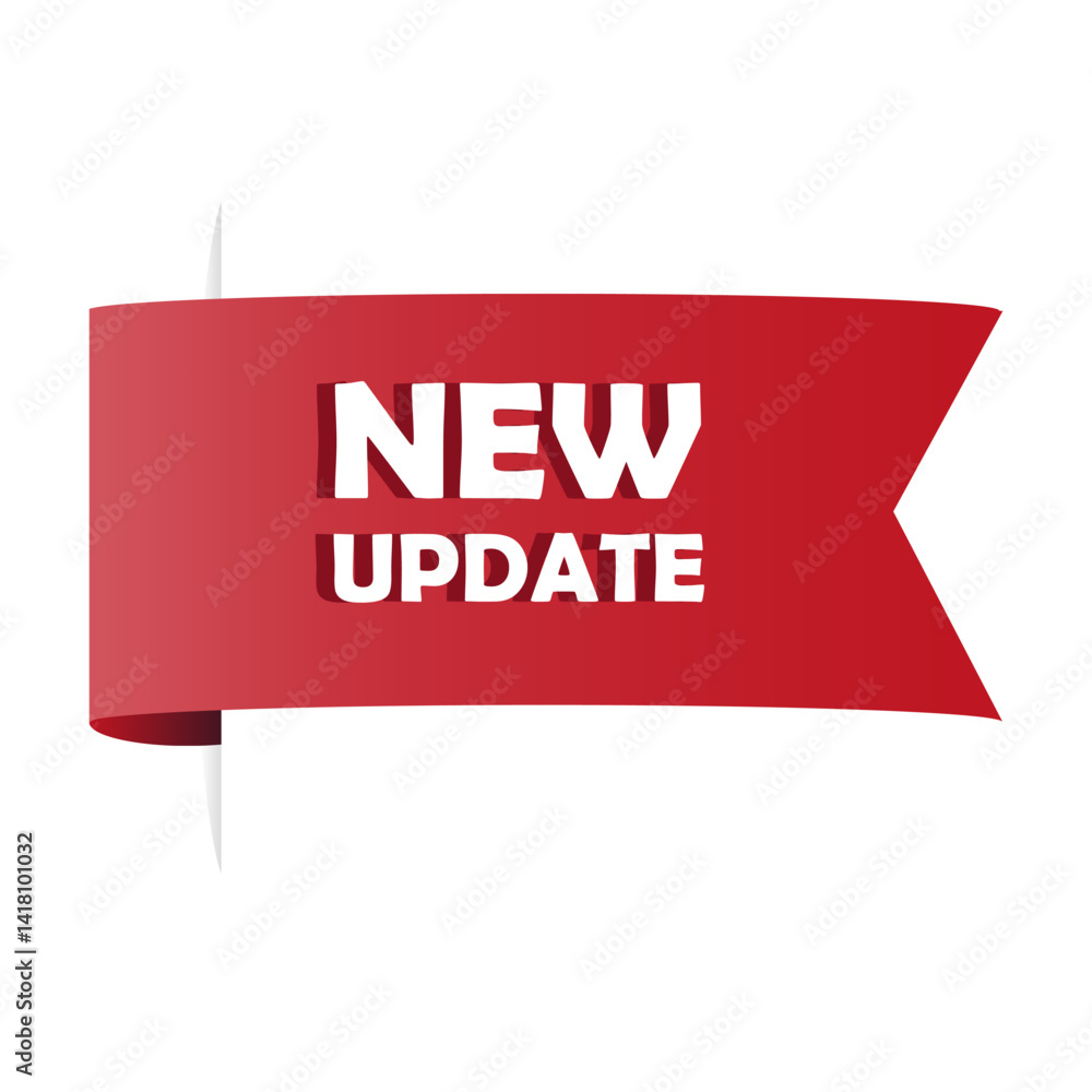 New update ribbon. Vector product banner. Announcement tag shape. Red modern label.