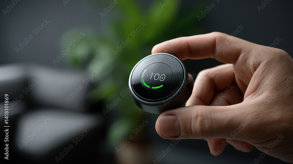 Fototapeta premium Functional design and space efficiency, modern simplicity, A sleek, modern device is held in a hand, displaying a digital interface with a green circle and the number 100.