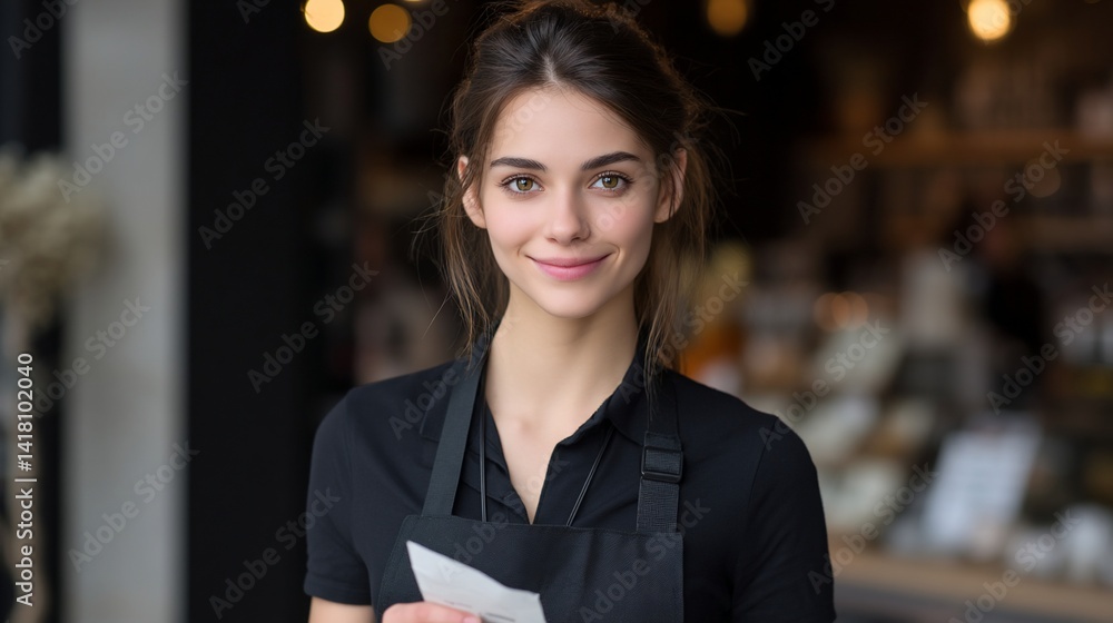 Smiling woman, apron, holding receipt. Blurred background shows a counter