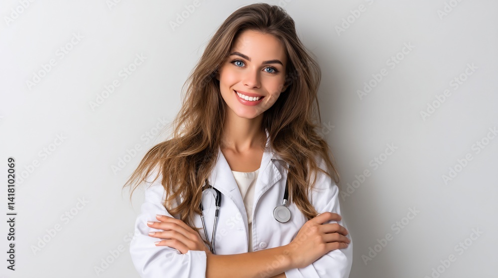 Smiling woman doctor in white coat poses with arms crossed and stethoscope