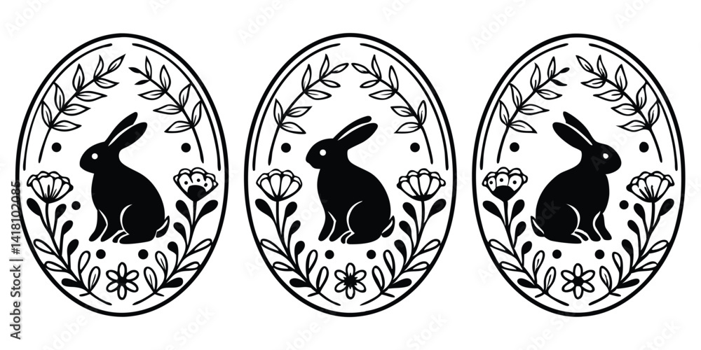 Fototapeta premium Cute Easter Bunny Eggs Vector Image Graphic Art Illustration with Floral Design