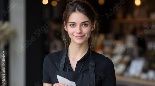 Obraz na płótnie Smiling woman, apron, holding receipt. Blurred background shows a counter w salonie