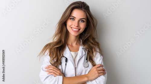 Obraz na płótnie Smiling woman doctor in white coat poses with arms crossed and stethoscope w salonie
