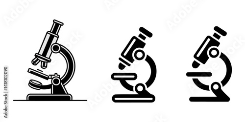Microscope silhouette icon set vector on whtie background, An illustration featuring a black microscope silhouette set against a clean white background depicting a laboratory microscope with detailed.