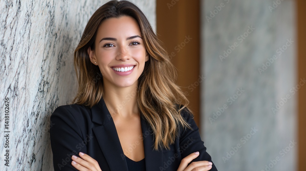 Smiling woman in black blazer poses confidently against a textured wall
