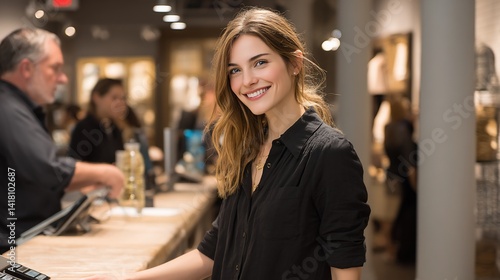 Obraz na płótnie Smiling woman in black top in shop, with blurred figures and display cases w salonie