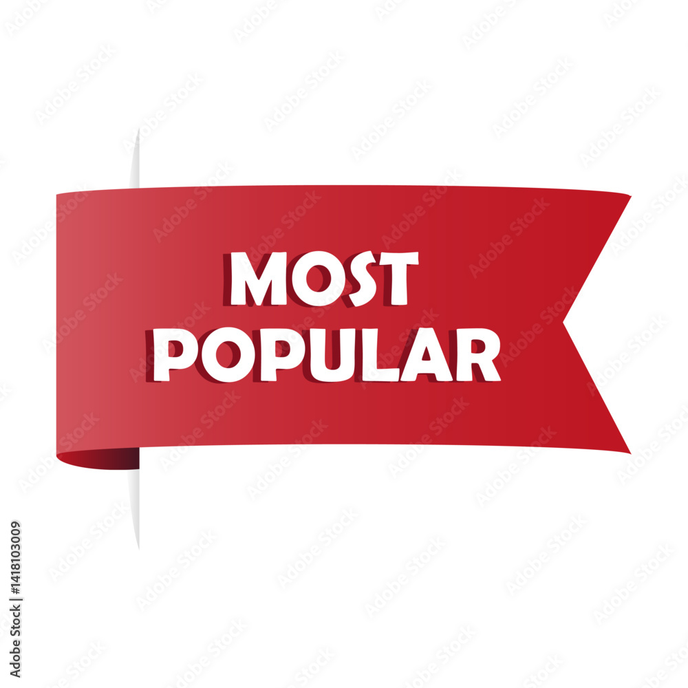 Red ribbon label. New offer message. Promotional vector tag. Curved graphic banner.