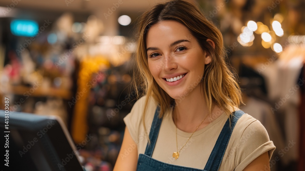 Smiling woman stands near a computer inside a well-lit boutique shop