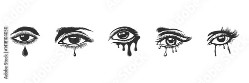 Tearful Eyes Silhouette Set. Emotional Expression And Sadness Depiction Isolated Vector Illustration Collection
