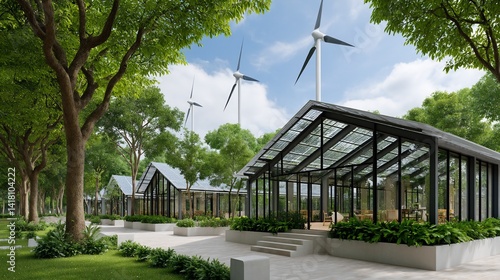 Structures & windmills amid lush greenery create an eco-friendly landscape