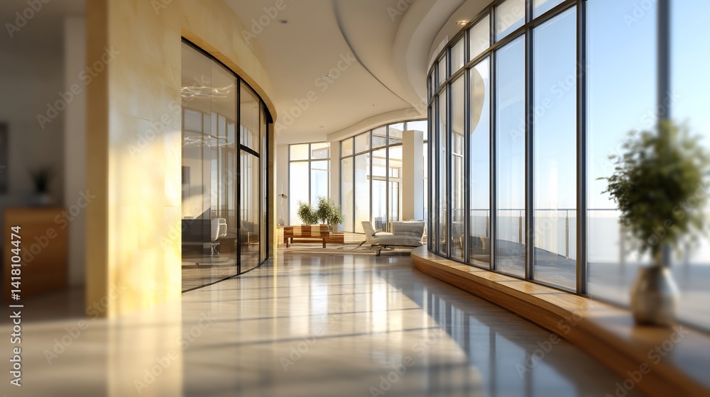 Sunny, curved corridor with plants and view of the ocean in a modern house