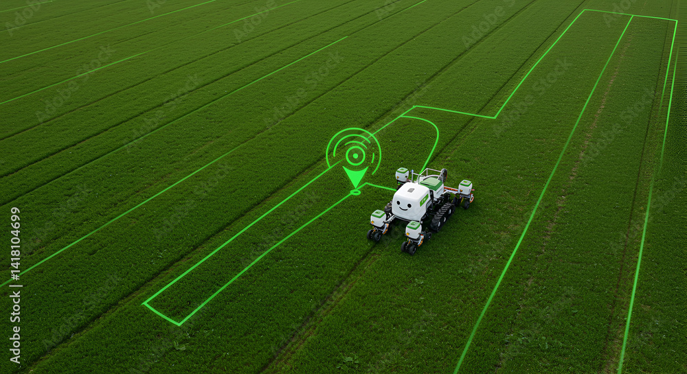 Obraz premium Farm Robot Planting Seeds With Gps Path Overlay