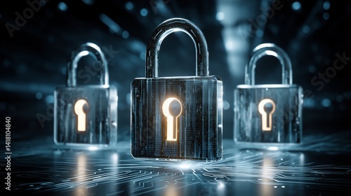 Three padlocks rest on glowing digital circuitry, security themed imagery