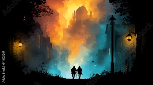 Two figures walk toward illuminated city between buildings and streetlights