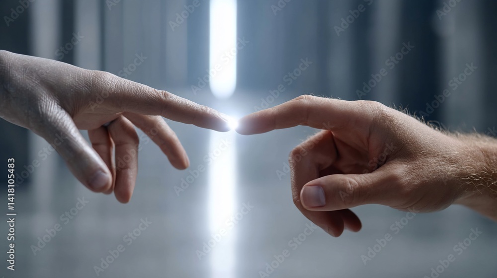 Two fingers almost touching, glowing light at the fingertips, grey background