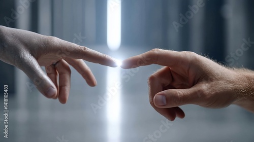 Obraz na płótnie Two fingers almost touching, glowing light at the fingertips, grey background w salonie