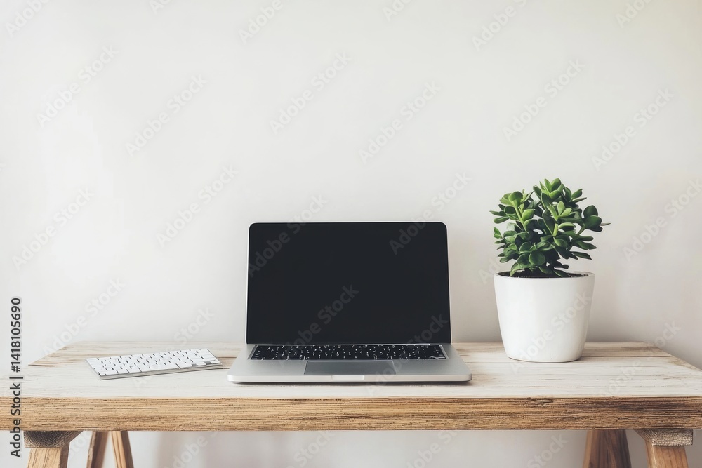 Minimalist workspace with laptop, keyboard, and succulent plant on a wooden desk against a white wall. Minimalist workspace with laptop, keyboard, and succulent plant on a wooden desk against a white wall.