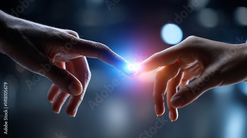 Two hands reach out to touch, a bright light between fingertips