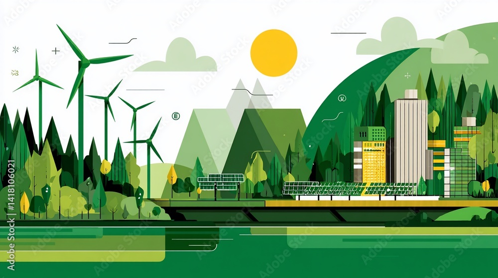 Verdant cityscape with windmills, solar panels, and a bright sun