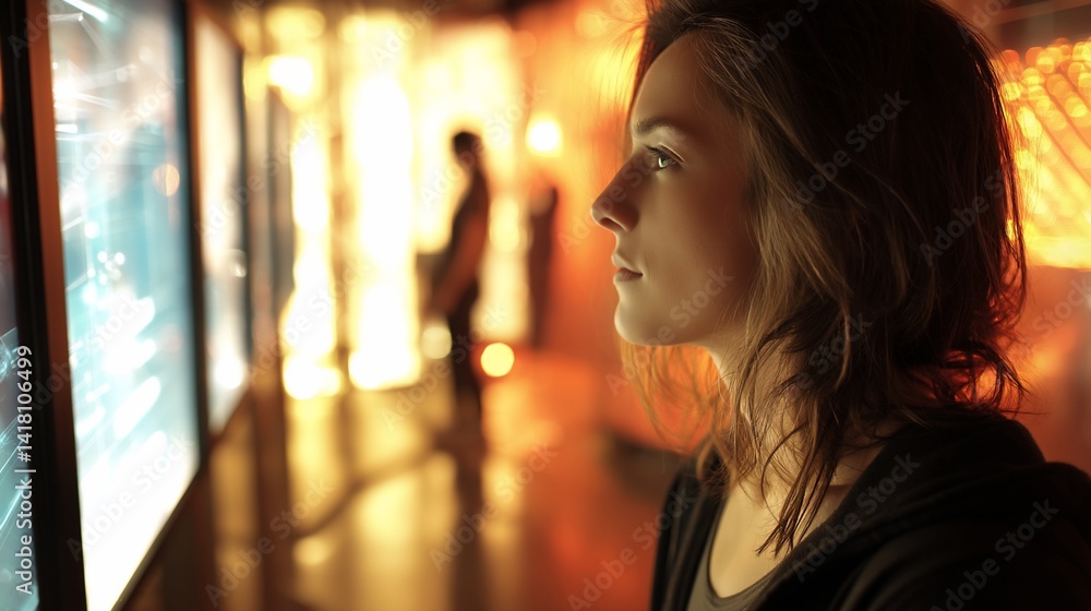Woman admires screens in a futuristic-lit art gallery space