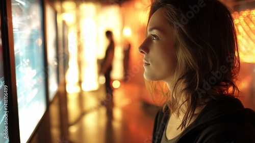 Obraz na płótnie Woman admires screens in a futuristic-lit art gallery space w salonie