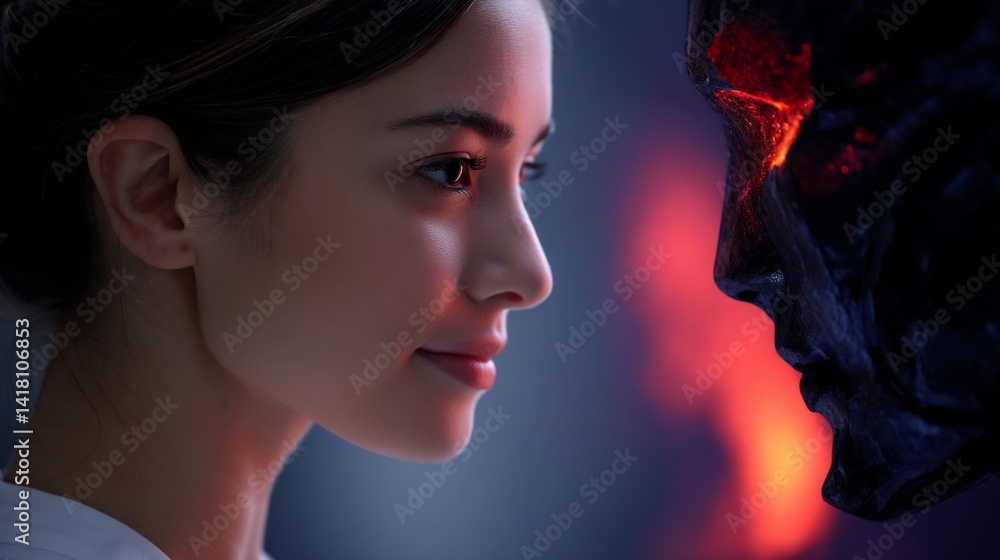 Woman gazes at a dark, fiery figure. A story of contrast and fascination