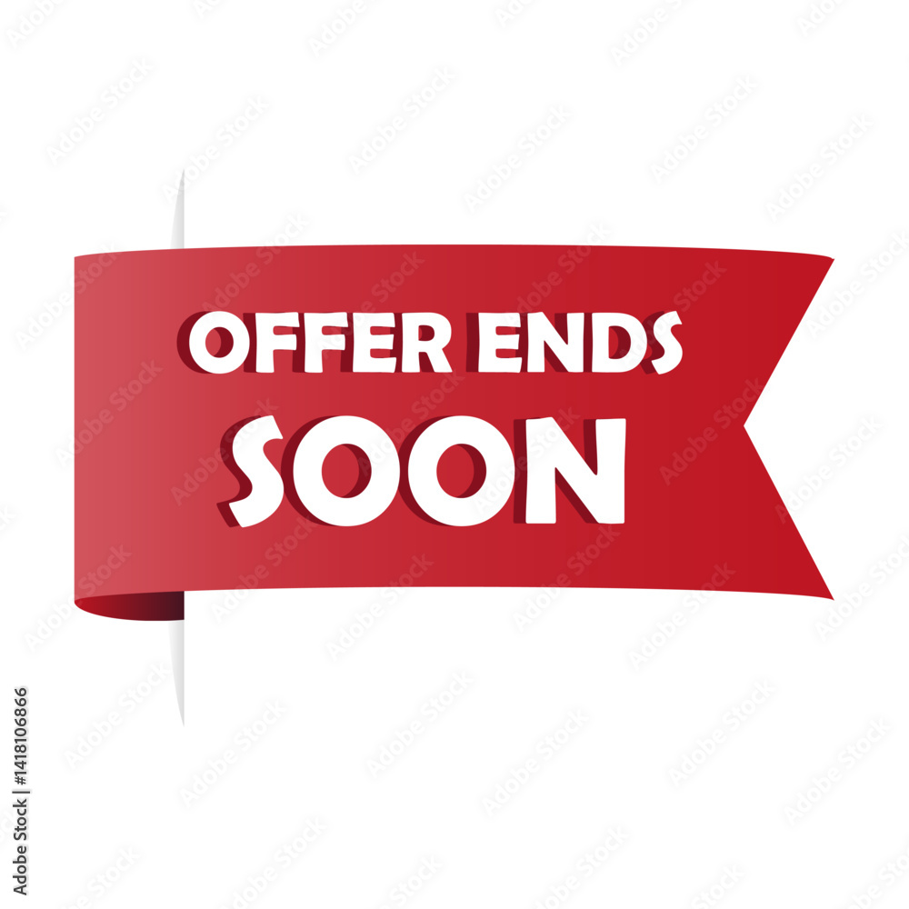 Red ribbon banner. Offer ends soon text. Promotional vector label. Curved shape mark.