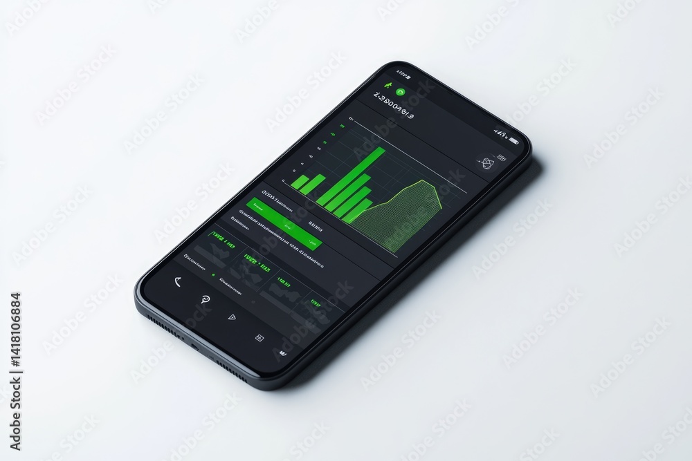 Smartphone displaying a dark-themed app with green financial graphs, charts, and data visualizations. Smartphone displaying a dark-themed app with green financial graphs, charts, and data visualizations.
