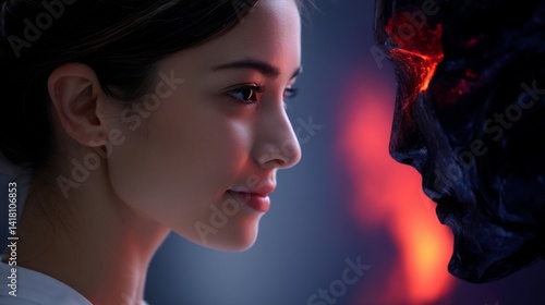Obraz na płótnie Woman gazes at a dark, fiery figure. A story of contrast and fascination w salonie