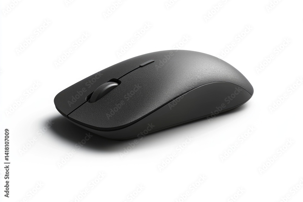 A sleek, black wireless computer mouse with a textured surface, designed for comfortable and efficient use. A sleek, black wireless computer mouse with a textured surface, designed for comfortable and efficient use.