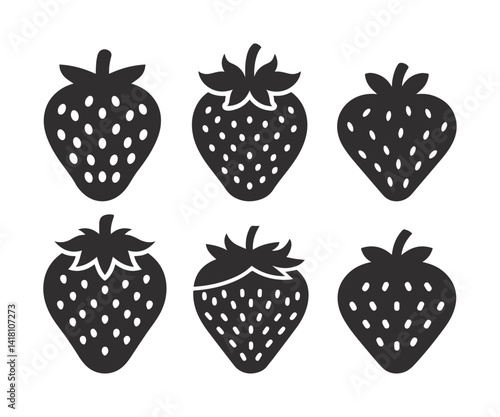 Set of strawberries, silhouettes and strawberries icons  on white background