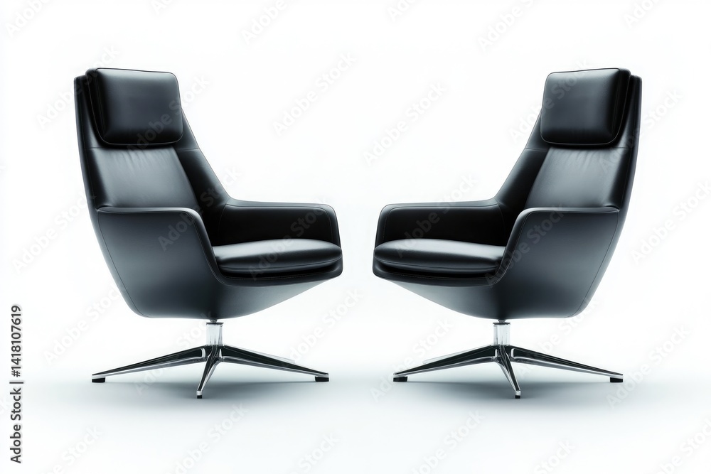 Obraz premium Two modern black leather swivel chairs with chrome legs, ideal for office or home.