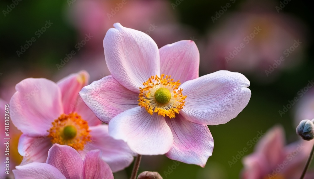 Close up of the delicate pink flowers of japanese anemones Anemone hupehensis Close up of the delicate pink flowers of japanese anemones Anemone hupehensis
