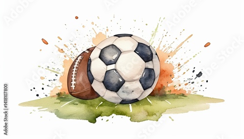 Watercolor Painting of Soccer and American Football Balls on Grass with Orange Splashes
