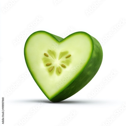 A cross section of a cucumber cut into a heart shape The light green slice shows the seeds inside It represents a healthy diet and love for vegetables, isolated on white background 