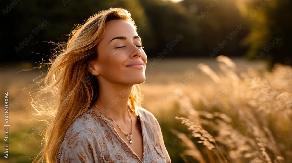 Woman smiling, eyes closed, golden hour light. Nature background, serene scene