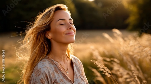 Obraz na płótnie Woman smiling, eyes closed, golden hour light. Nature background, serene scene w salonie