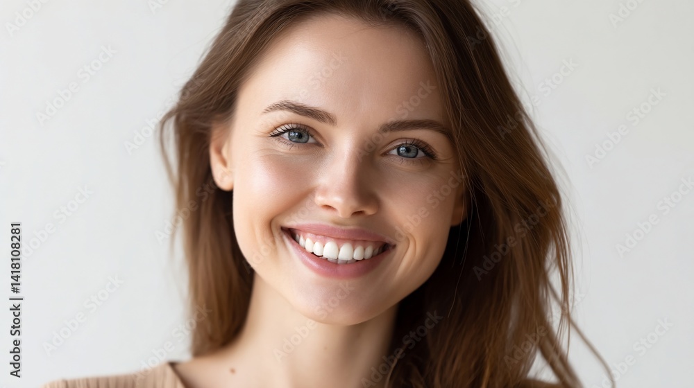 Woman with brown hair smiling with perfectly white teeth, against neutral background