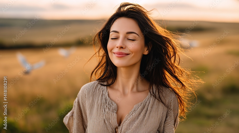 Woman with closed eyes in a sunny field, feeling relaxed and at peace