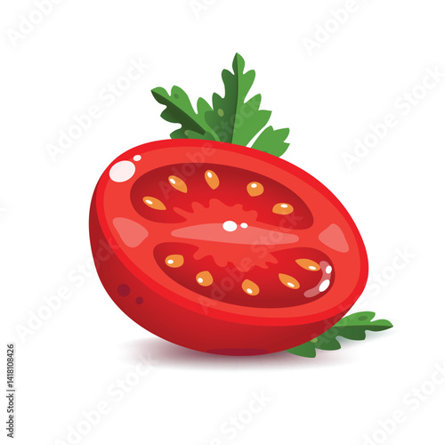  Vector illustration of a sliced tomato with visible seeds and green leaves arranged on a clean white background. The bright red color highlights the freshness and appeal of the tomato.