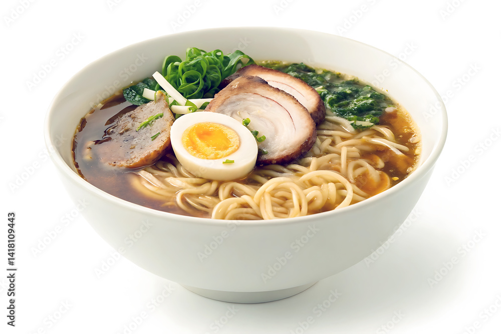 Authentic Shoyu Ramen Bowl with Pork and Soft-Boiled Egg on Clean White Background – Minimalist Japanese Noodle Dish Photography Authentic Shoyu Ramen Bowl with Pork and Soft-Boiled Egg on Clean White Background – Minimalist Japanese Noodle Dish Photography