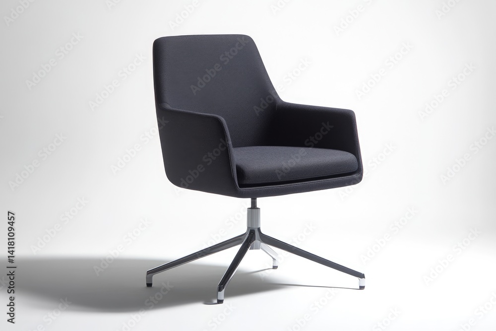 A modern, dark-grey upholstered office chair with a sleek, chrome five-star base. A modern, dark-grey upholstered office chair with a sleek, chrome five-star base.