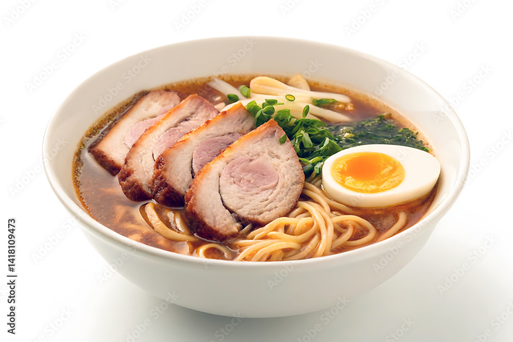 Authentic Shoyu Ramen Bowl with Pork and Soft-Boiled Egg on Clean White Background – Minimalist Japanese Noodle Dish Photography Authentic Shoyu Ramen Bowl with Pork and Soft-Boiled Egg on Clean White Background – Minimalist Japanese Noodle Dish Photography