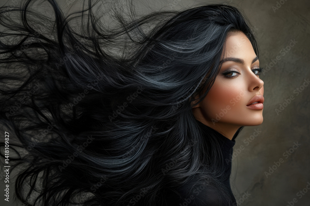 Fototapeta premium Woman with long black hair in a red dress twirling under a starry sky, illuminated by the full moon, surrounded by lush green trees and twinkling fairy lights.