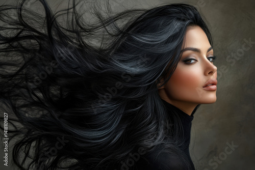 Woman with long black hair in a red dress twirling under a starry sky, illuminated by the full moon, surrounded by lush green trees and twinkling fairy lights.