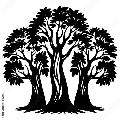 Black silhouette of a grouping of old growth trees in isolation