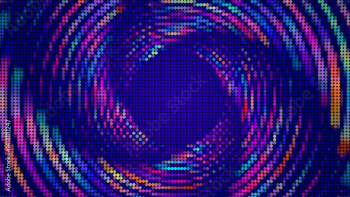 Colorful dots arranged in concentric swirling patterns around a darker blue textured center. Abstract background.