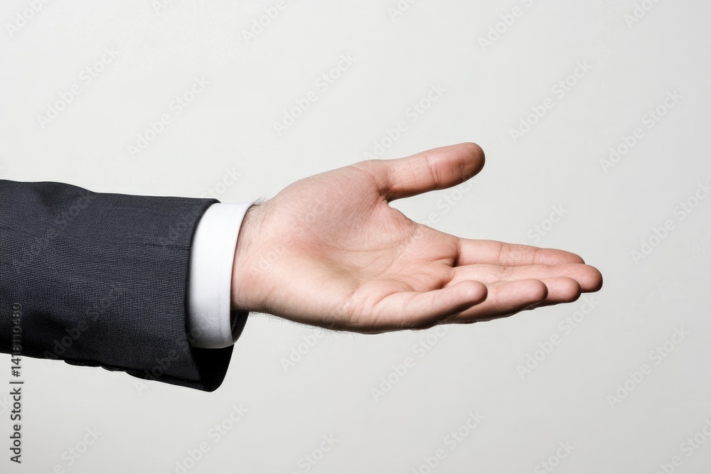 A man's hand in a suit, palm up, offering or receiving something. A man's hand in a suit, palm up, offering or receiving something.